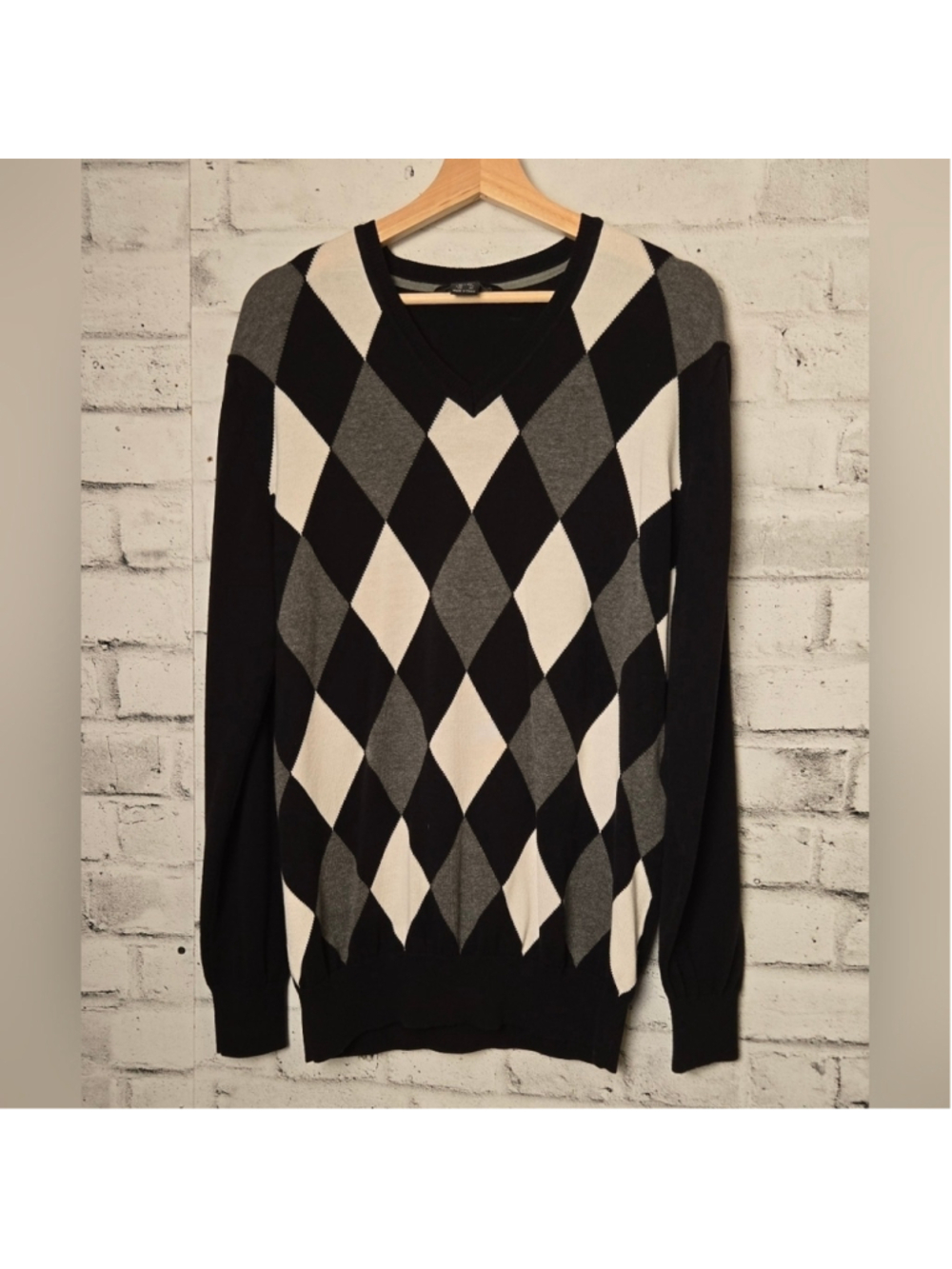 Abacus Men’s Argyle V-Neck Sweater Black Grey Diamond Knit XL